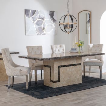 Venice Cream Marble 6 Seater 160cm Dining Set with Lion Knocker Back Champagne Chairs & Chrome Legs