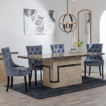 Venice Cream Marble 6 Seater 160cm Dining Set with Lion Knocker Back Grey Chairs & Black Legs