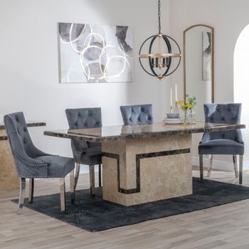Venice Cream Marble 6 Seater 160cm Dining Set with Lion Knocker Back Grey Chairs & Chrome Legs