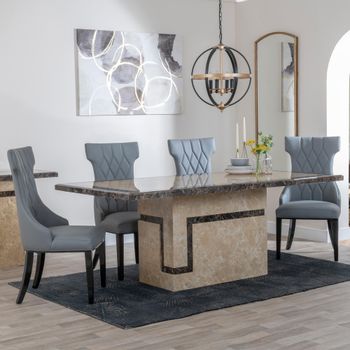 Venice Cream Marble 6 Seater 160cm Dining Set with Mimi Grey Leather Dining Chairs