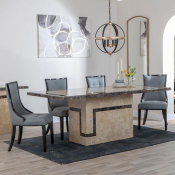 Venice Cream Marble 6 Seater 160cm Dining Set with Paris Grey Leather Dining Chairs & Black Legs