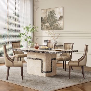 Venice Cream Marble 6 Seater 160cm Dining Set with Paris Taupe Leather Dining Chairs & Brown Legs