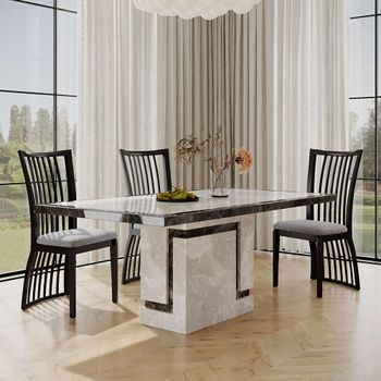 Venice Grey Marble 6 Seater 160cm Dining Set with Athena Black High Gloss Chairs & Grey Seat Pads