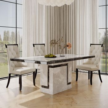 Venice Grey Marble 6 Seater 160cm Dining Set with Carmela Cream Leather Dining Chairs