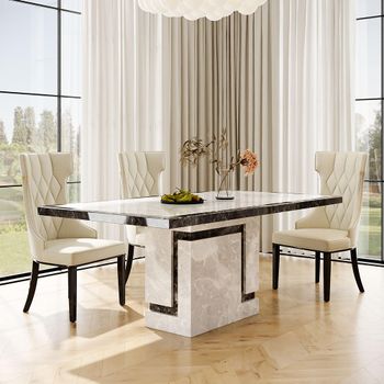 Venice Grey Marble 6 Seater 160cm Dining Set with Mimi Cream Leather Dining Chairs