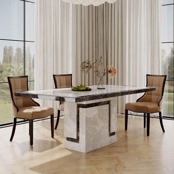Venice Grey Marble 6 Seater 160cm Dining Set with Paris Taupe Leather Dining Chairs & Brown Legs