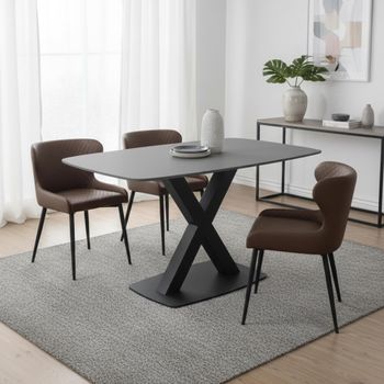 Vernal Grey Sintered Stone 4 Seater 130cm Dining Set with 4 Langley Brown Faux Leather Chair