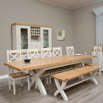 Deluxe Painted X-Leg 8-10 Seater 200cm-280cm Extending Dining Set with 4 Cross Back Chairs and Bench