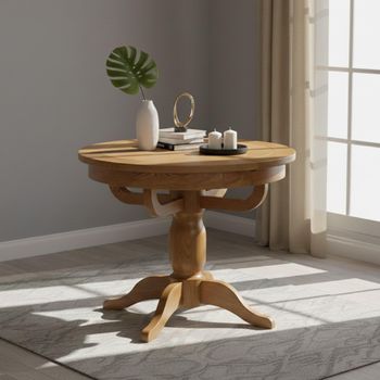 Original Round Rustic Oak 4-6 Seater 100cm-135cm Extending Dining Table with Pedestal Base