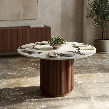 Erie 6 Seater 140cm Round Dining Table with Ivory Marble with Brown Base
