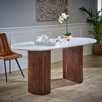 Opal Fluted White Marble Top Mango Wood 6 Seater 170cm Double Pedestal Dining Table