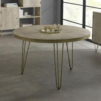 Gold Geometric Inlay Light Mango Wood 4 Seater 120cm Round Dining Table with Hairpin Legs