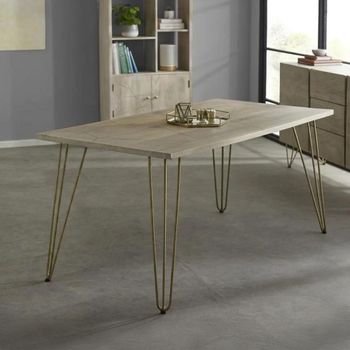 Gold Geometric Inlay Light Mango Wood 6 Seater 160cm Dining Table with Hairpin Legs