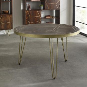 Gold Geometric Inlay Dark Mango Wood 4 Seater 120cm Round Dining Table with Hairpin Legs