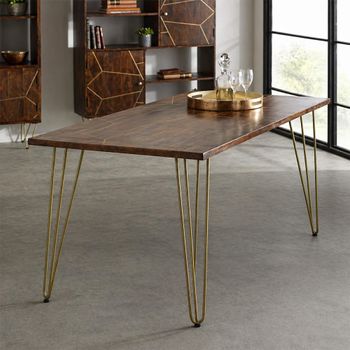 Gold Geometric Inlay Dark Mango Wood 6 Seater 160cm Dining Table with Hairpin Legs