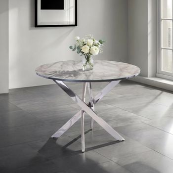 Alden White and Grey Marble Effect 4 Seater 107cm Round Dining Table with Chrome Legs