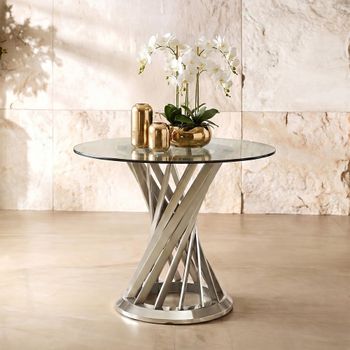 Anzio 2 Seater 90cm Round Dining Table with Clear Glass with Silver Hourglass Base