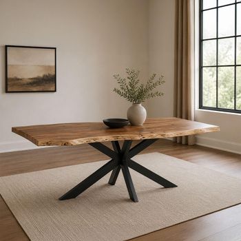 Gerard Natural and Black Acacia Wood 8 Seater 200cm Live Edge Dining Table with Star Base