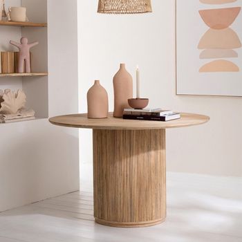 Vincent Fluted Natural Mango Wood 4 Seater 120cm Round Dining Table with Drum Base