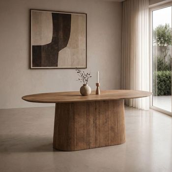 Salvator Curved Fluted Natural Mango Wood Oval Pedestal Dining Table - Sizes Available