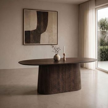 Salvator Curved Fluted Mango Wood Oval Pedestal Walnut Dining Table - Sizes Available