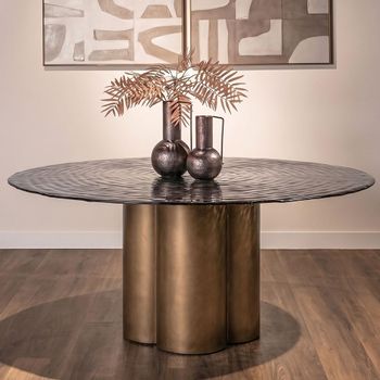 Glastonburry Antique Gold Glass and Metal 4 Seater 135cm Round Pedestal Dining Table