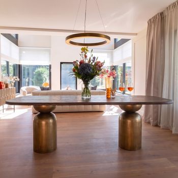 Cavo Acacia Wood 8 Seater Dining Table with Brushed Gold Pedestal Base