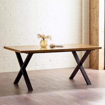 Aron Natural and Black Oak and Metal 6 Seater 180cm Dining Table with Cross Leg