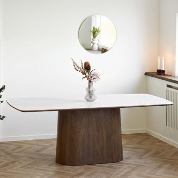 Noli White and Dark Brown Ceramic and Wooden 8 Seater 200cm Dining Table with Pedestal Base