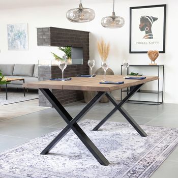 Toulon Smoked and Black Oak and Metal 4 Seater 140cm Wavy Edge Dining Table with Cross Leg