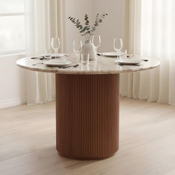 Ashford Pale Taupe Marble Top and Mango Wood 4 Seater 100cm Round Fluted Dining Table