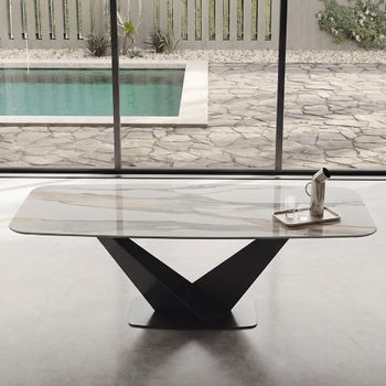 Zenith Italian Calacatta Gold and Black Ceramic Top 10 Seater 240cm Dining Table with V Base