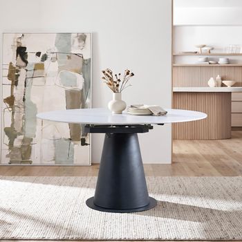 Carrara White Ceramic 6 Seater Swivel Motion 135cm Round Dining Table with Black Pedestal Base