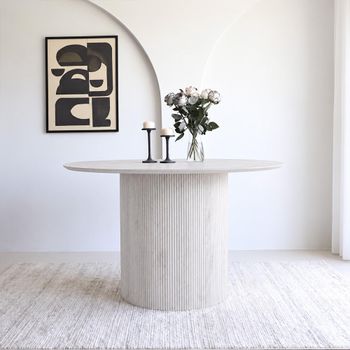Bern Fluted White Washed Oak 4 Seater 120cm Round Dining Table with Drum Base