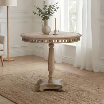 Varex White Washed Mango Wood 2 Seater 80cm Carved Detailing Round Dining Table