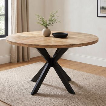 Sunburst Mango Wood 6 Seater 140cm Round Dining Table with Spider Legs