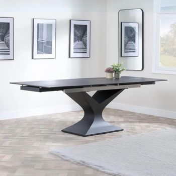 Clearance - Anvik Black Ceramic 6-10 Seater Extending Dining Table with Black Pedestal Base