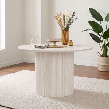 Bern Fluted White Washed Oak 4 Seater 120cm Round Dining Table with Drum Base