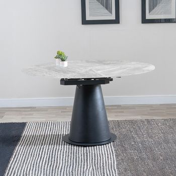 Carrara Grey Ceramic 4-6 Seater Swivel Motion 85-135cm Round Dining Table with Black Pedestal Base