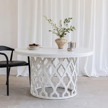 Clearance - Boho Round 6 Seater 140cm Dining Table White Carved Wood