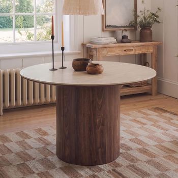 Delphi Dark Brown Ceramic and Wooden 6 Seater 140cm Round Dining Table with Pedestal Base