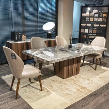 Empire Dining Table with Marble with Wooden Pedestal Base - Sizes Available