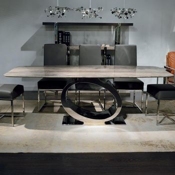 Eye Boxed Edge Dining Table with Marble with Chrome Pedestal Base - Sizes Available