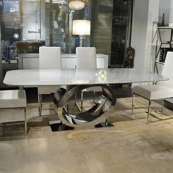 Eye 8 Seater 220cm Curved Edge Dining Table with Marble with Chrome Pedestal Base - Sizes Available