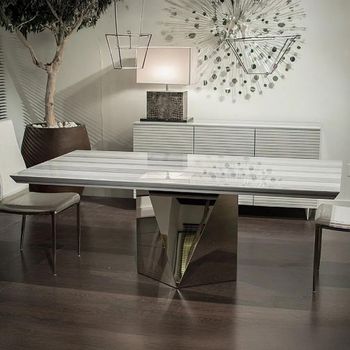 Freedom Beveled Edge Dining Table with Marble with Stainless Steel Pedestal Base - Sizes Available