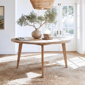 Hugo Natural Teak Wood 6 Seater 160cm Round Dining Table with Tapered Legs
