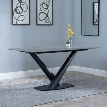 Clearance - Maldon 6 Seater 160cm Rectangle Dining Table Grey Ceramic Black V Base