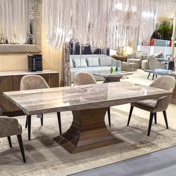 Opera Dining Table with Marble with Wooden Pedestal Base - Sizes Available