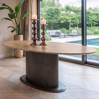 Russo Ash Brown 10 Seater 235cm Ellipse Travertine Top Dining Table with Fluted Base