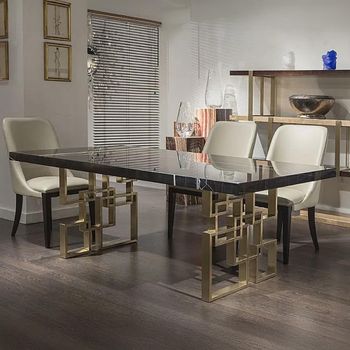 Windows Dining Table with Marble with Brass Pedestal Base - Sizes Available